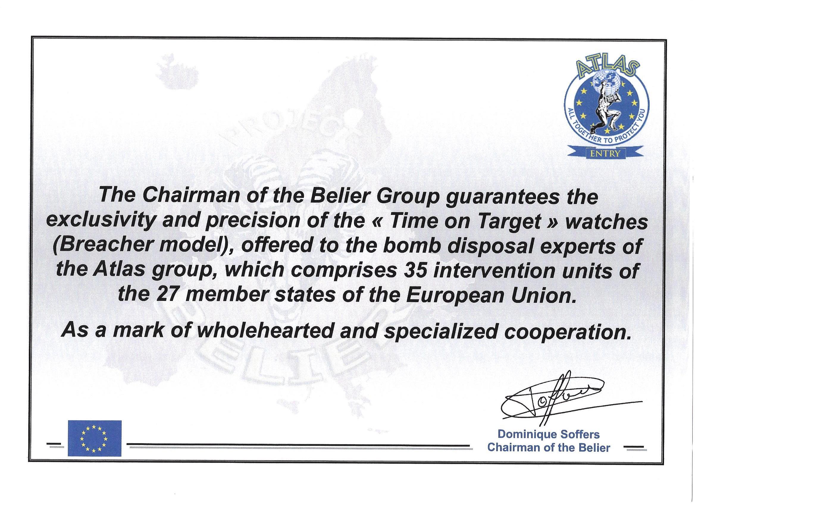 Belier Group chairman certificate of guarantee for T.O.T TIME ON TARGET Breacher Model